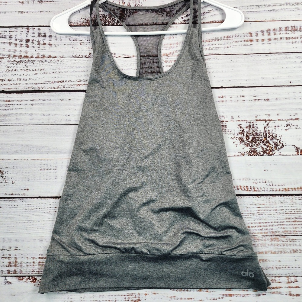 Alo Yoga Aria Tank Top Girls Small 6-7 Heather Gray Mesh Drape Back Racerback